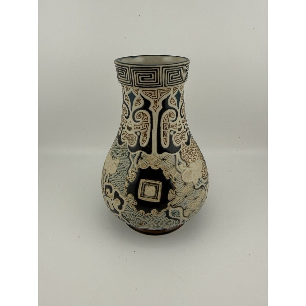 Small Vintage Japanese-Style Ceramic Vase –Intricate Hand-Painted/Incised Design